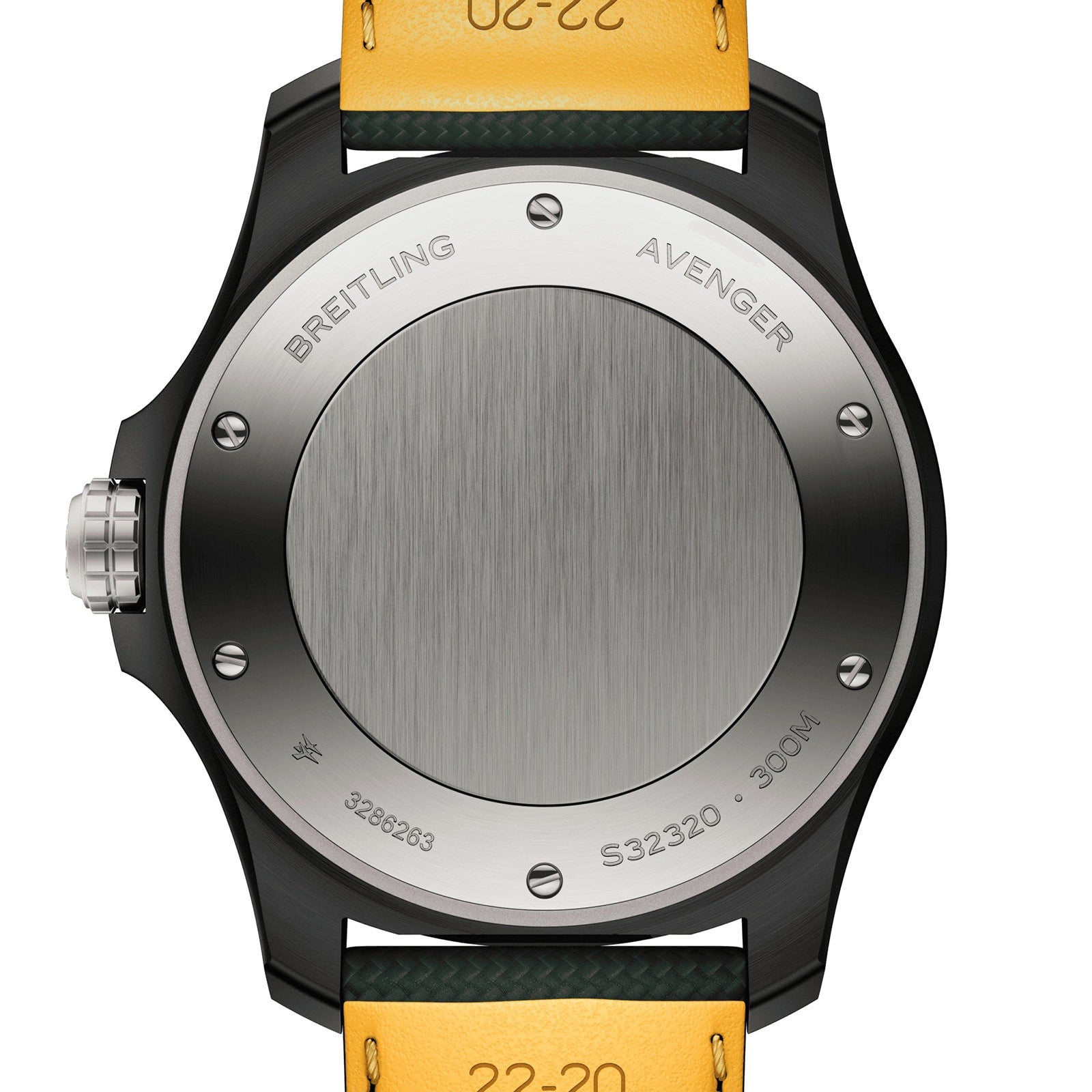 Back view of the Breitling Avenger Automatic GMT 44 Night Mission, showing engraved model details, serial number, and water resistance rating, paired with a yellow military leather strap inspired by aviation heritage.