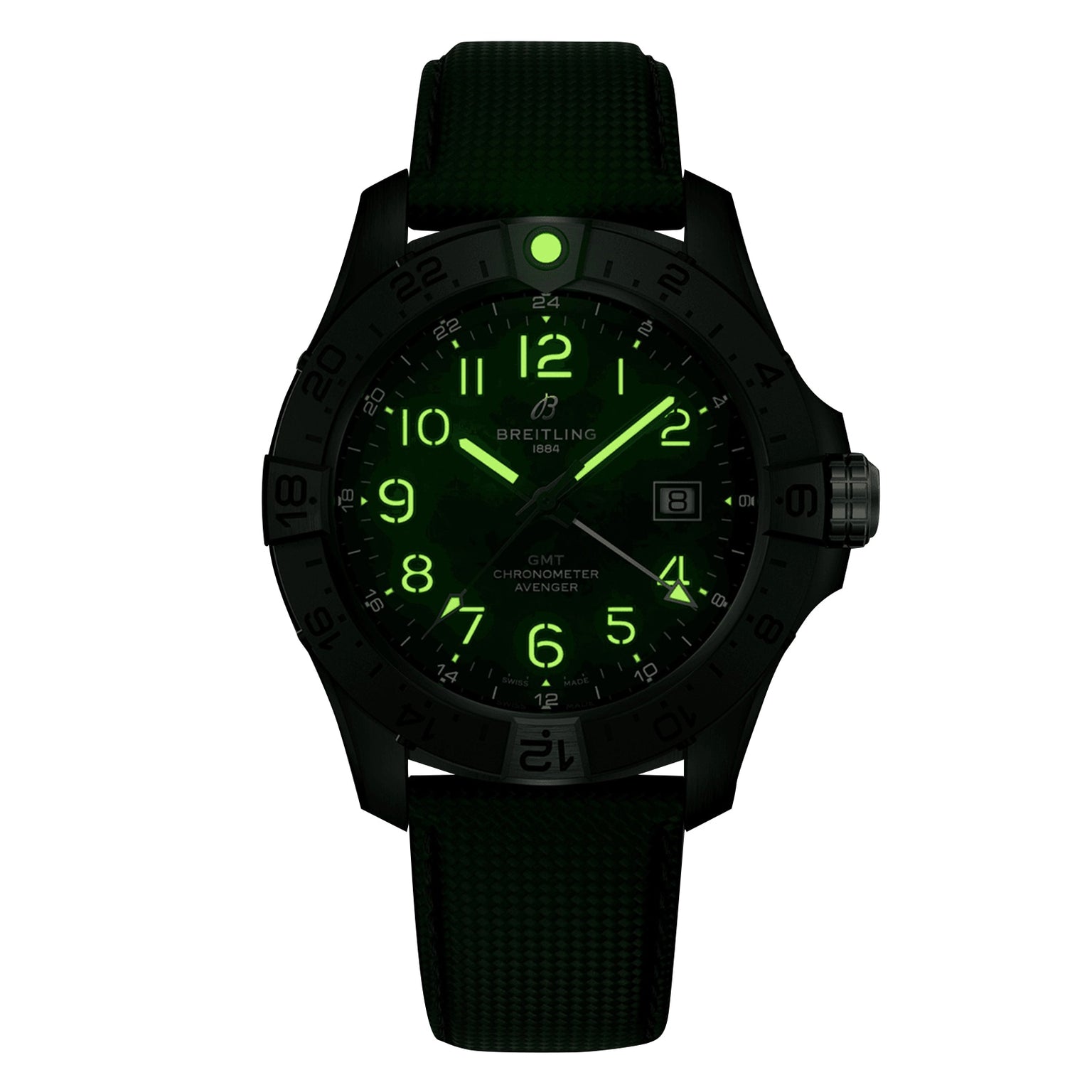 The Breitling Avenger Automatic GMT 44 Night Mission features green luminescent numerals and hands glowing in the dark, paired with a black aviation design strap.