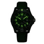The Breitling Avenger Automatic GMT 44 Night Mission features green luminescent numerals and hands glowing in the dark, paired with a black aviation design strap.