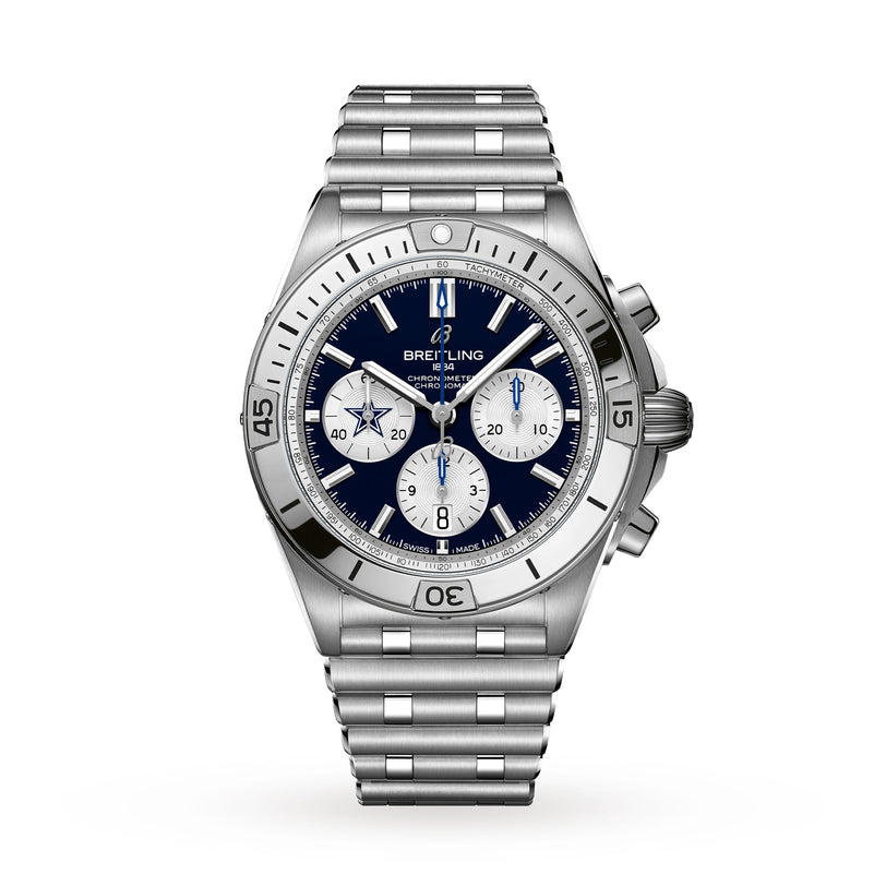 The Breitling Chronomat B01 42 NFL Dallas Cowboys Edition is a stainless steel chronograph watch featuring a blue dial, three subdials, silver hour markers, and a matching bracelet.