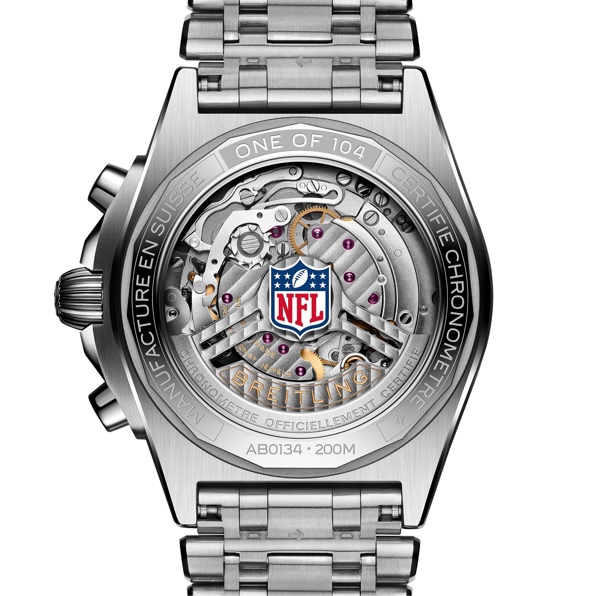 Close-up of the Breitling Chronomat B01 42 NFL Minnesota Vikings Edition back, displaying visible gears and the NFL logo at the center, inscribed ONE OF 104.
