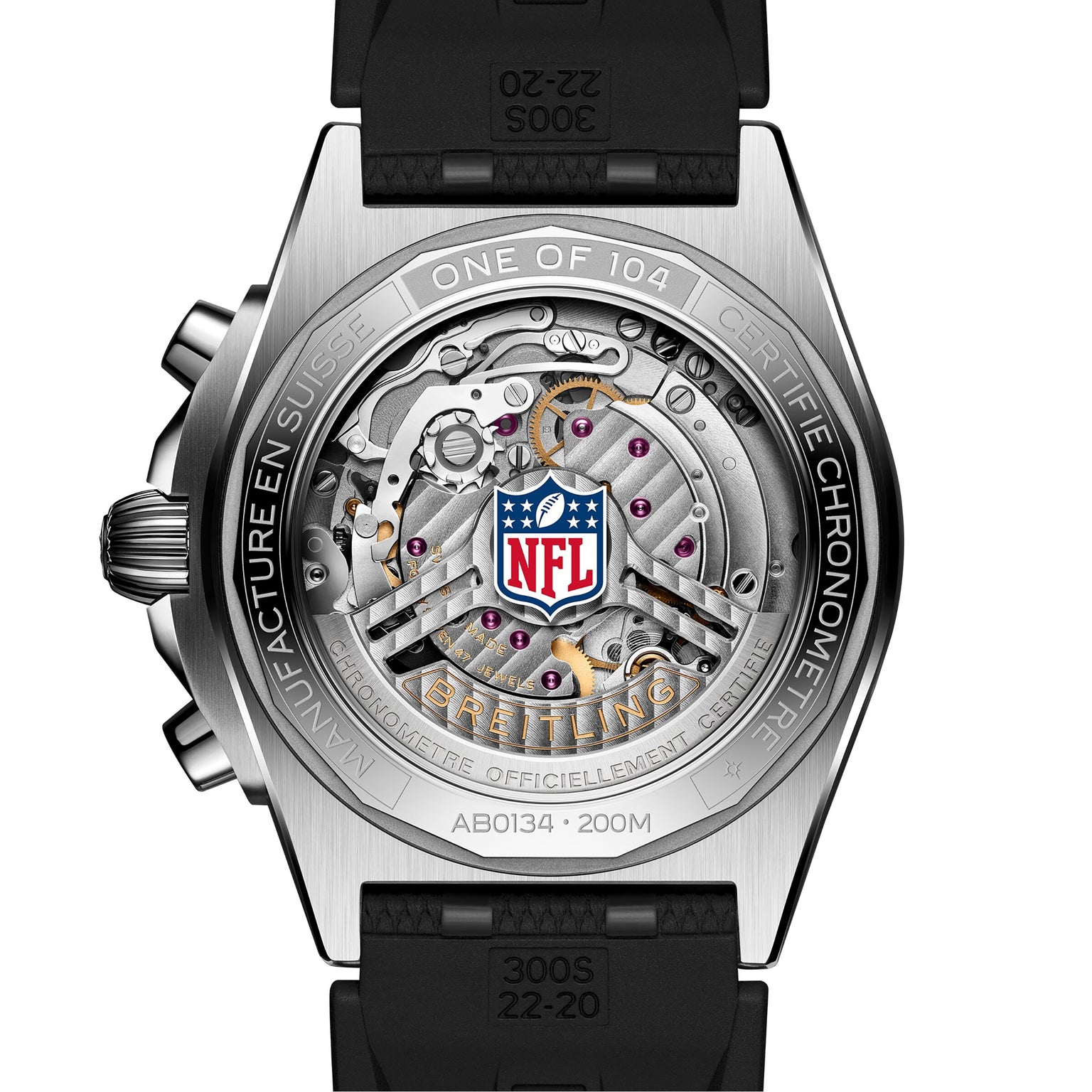 Close-up of the Breitling Chronomat B01 42 NFL Miami Dolphins Edition, showcasing its watch back with visible mechanics and a central NFL logo.