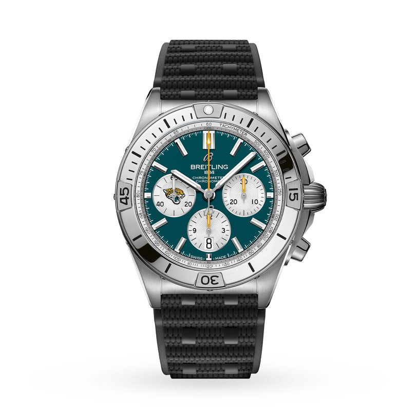 The Breitling Chronomat B01 42 NFL Jacksonville Jaguars Edition features a green dial with three subdials, a black textured strap, and a rotating bezel—an exceptional stainless steel collector’s watch shown on a white background.