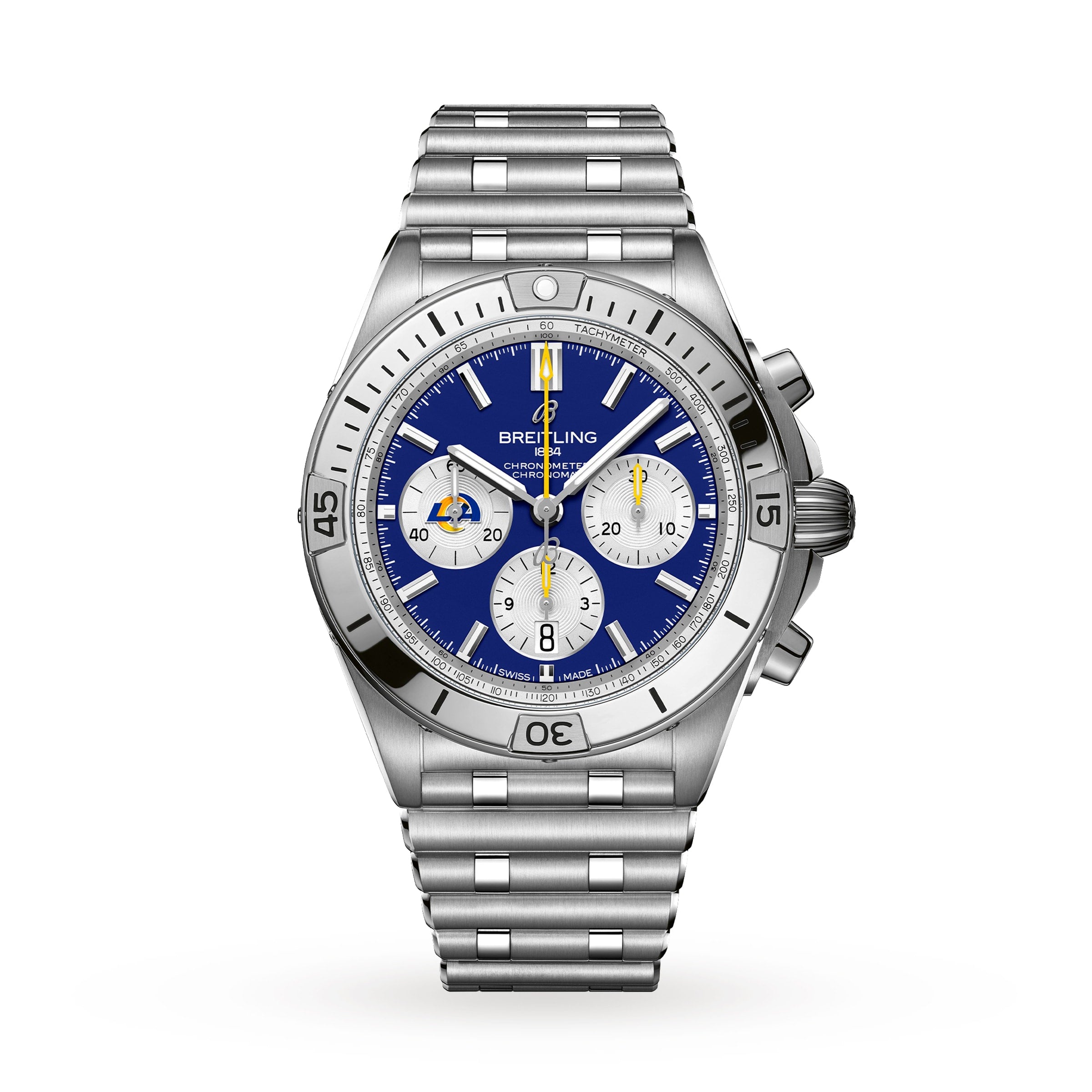 The Breitling Chronomat B01 42 NFL Los Angeles Rams Edition is a stainless steel chronograph watch featuring a blue dial and three white subdials.