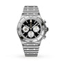 A Breitling Chronomat B01 42 NFL New Orleans Saints Edition chronograph wristwatch with a black and white dial and metal link bracelet.