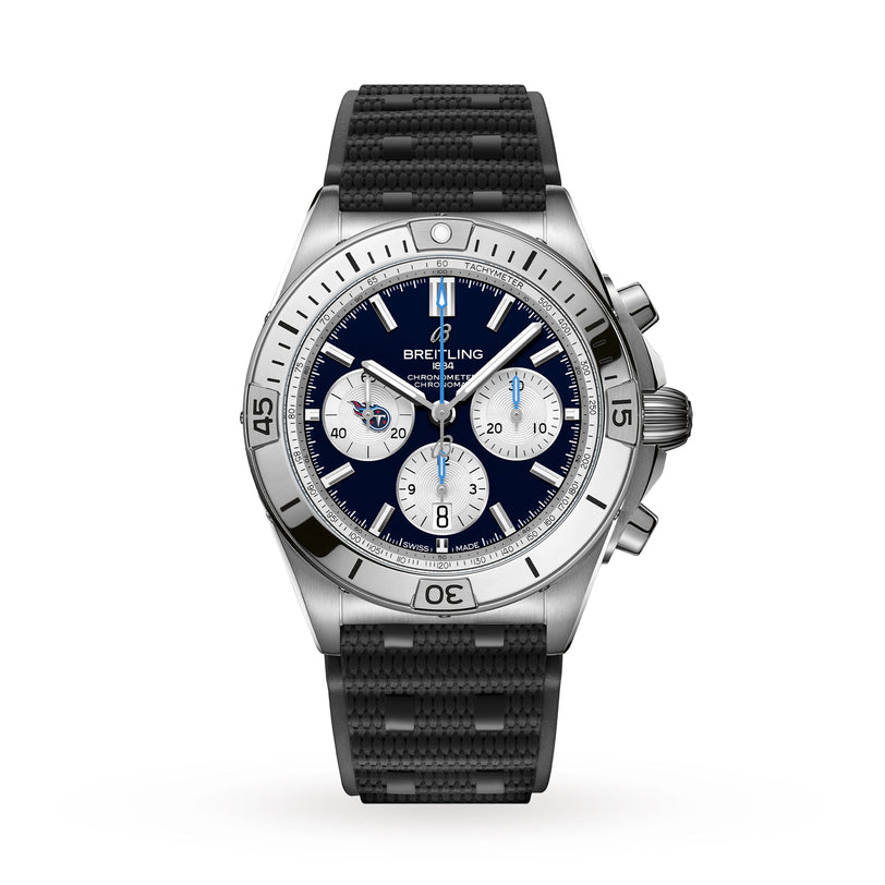 Breitling Chronomat B01 42 NFL Tennessee Titans Edition—silver chronograph watch with a black strap, blue dial, and three sub-dials.