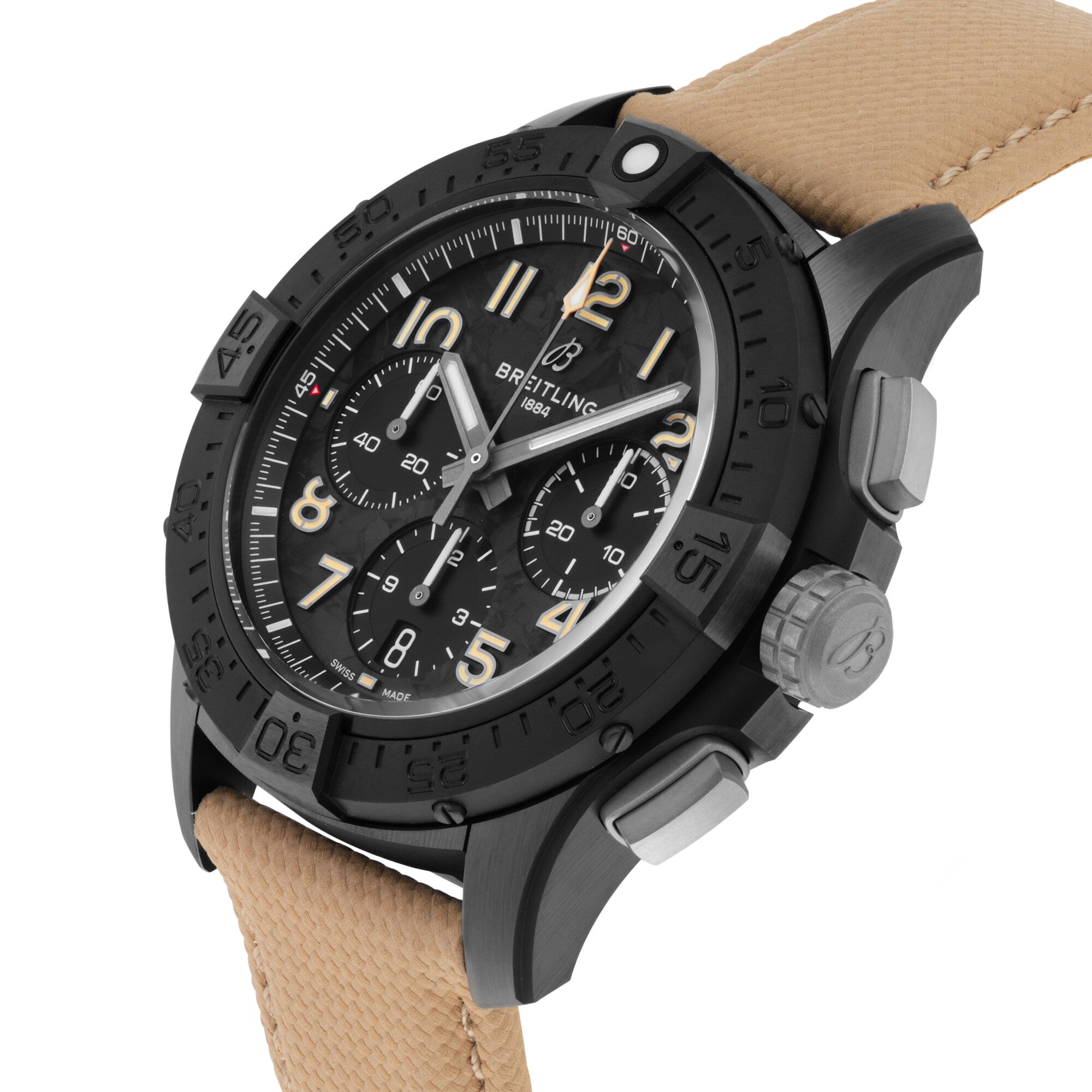 The Breitling Avenger B01 Chronograph 42 Night Mission features a black dial, large luminescent numerals, and a tan strap.