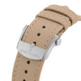 Close-up of a beige textured watch strap with a silver buckle on the Breitling Avenger B01 Chronograph 42 Night Mission.