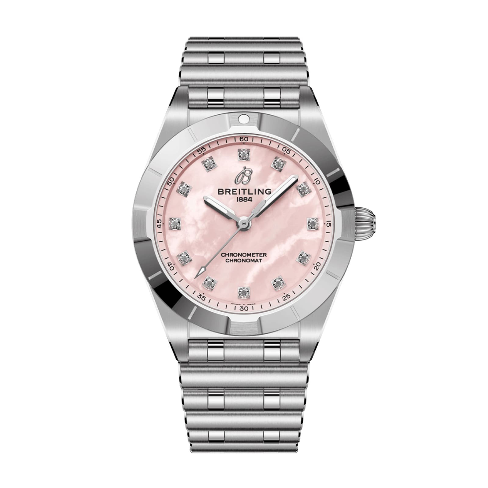 The Breitling Chronomat 28 wristwatch features a stainless steel case, pink mother-of-pearl dial, lab-grown diamond hour markers, and a metal link bracelet.