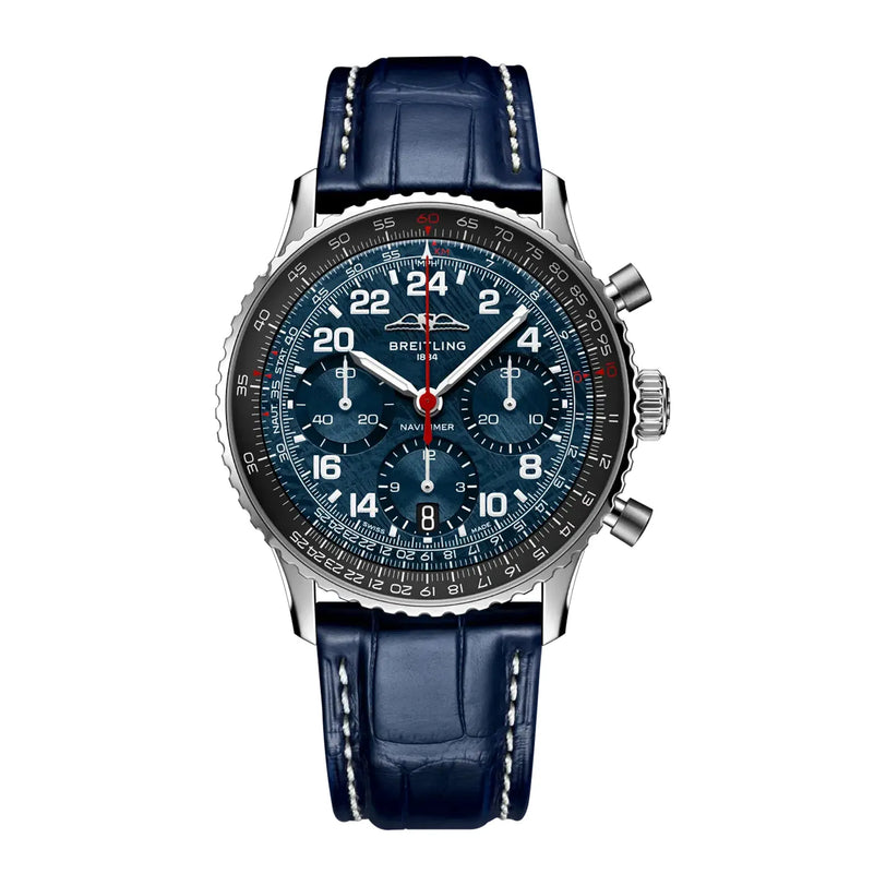 Breitling Navitimer chronograph watch with dark blue dial, 24-hour markers, steel case, and navy crocodile leather strap.