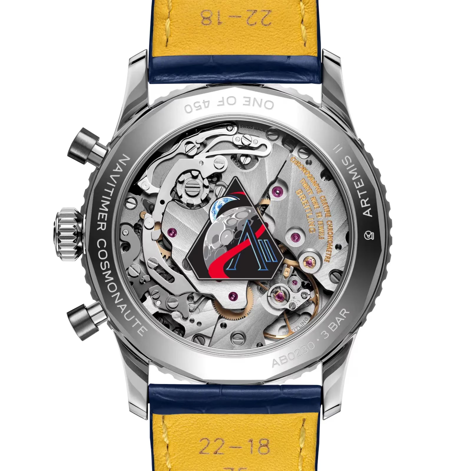 Stainless steel chronograph watch with skeletonized dial, visible mechanical movement, red hands, and yellow and navy leather