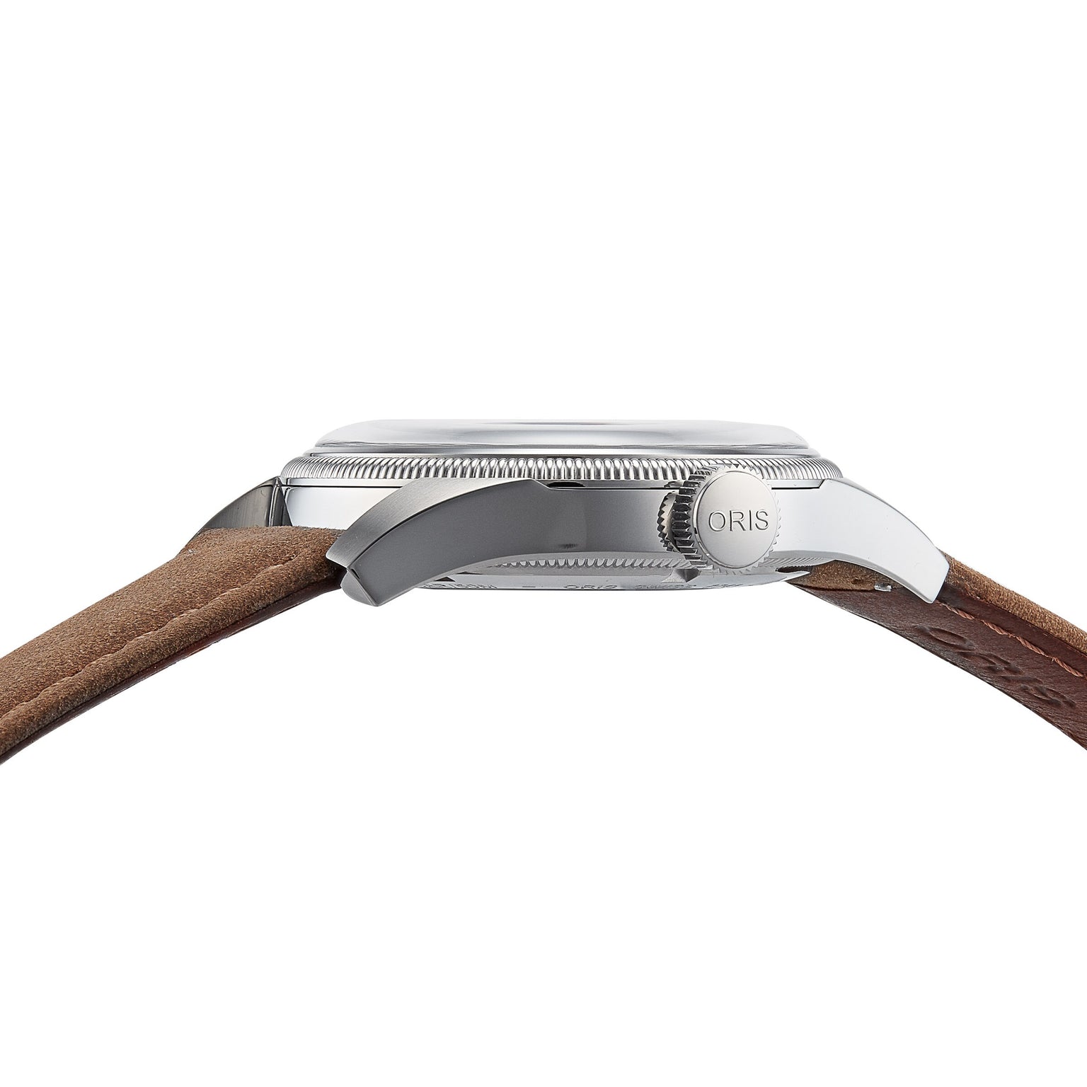 Side view of the Oris Big Crown Pointer Date aviation watch featuring a stainless steel case, sapphire glass, textured crown labeled ORIS, and a brown leather strap.