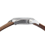 Side view of the Oris Big Crown Pointer Date aviation watch featuring a stainless steel case, sapphire glass, textured crown labeled ORIS, and a brown leather strap.