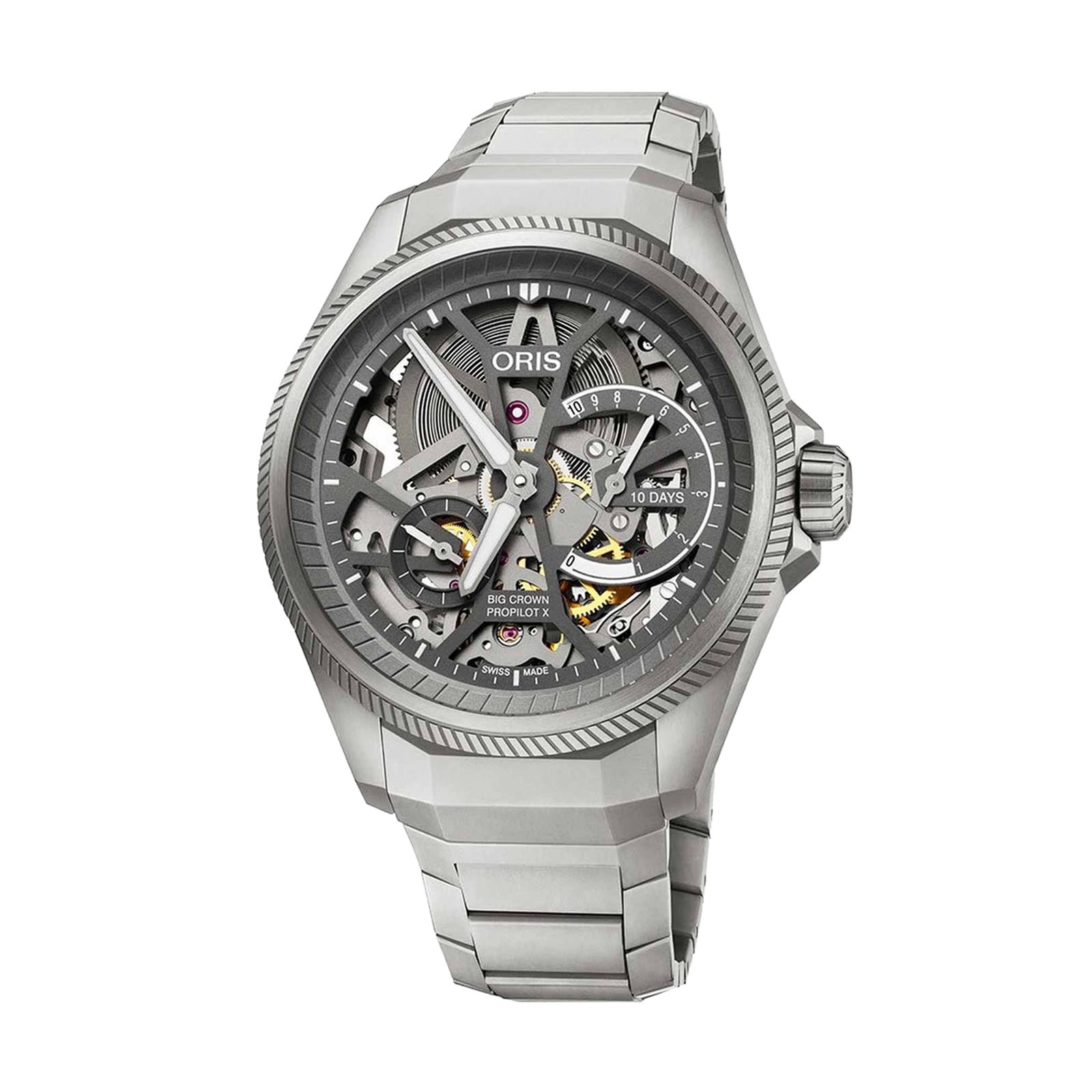 The Oris ProPilot X Calibre 115 is a Swiss Made mechanical watch featuring the visible Calibre 115 movement, stainless steel band, and round case.