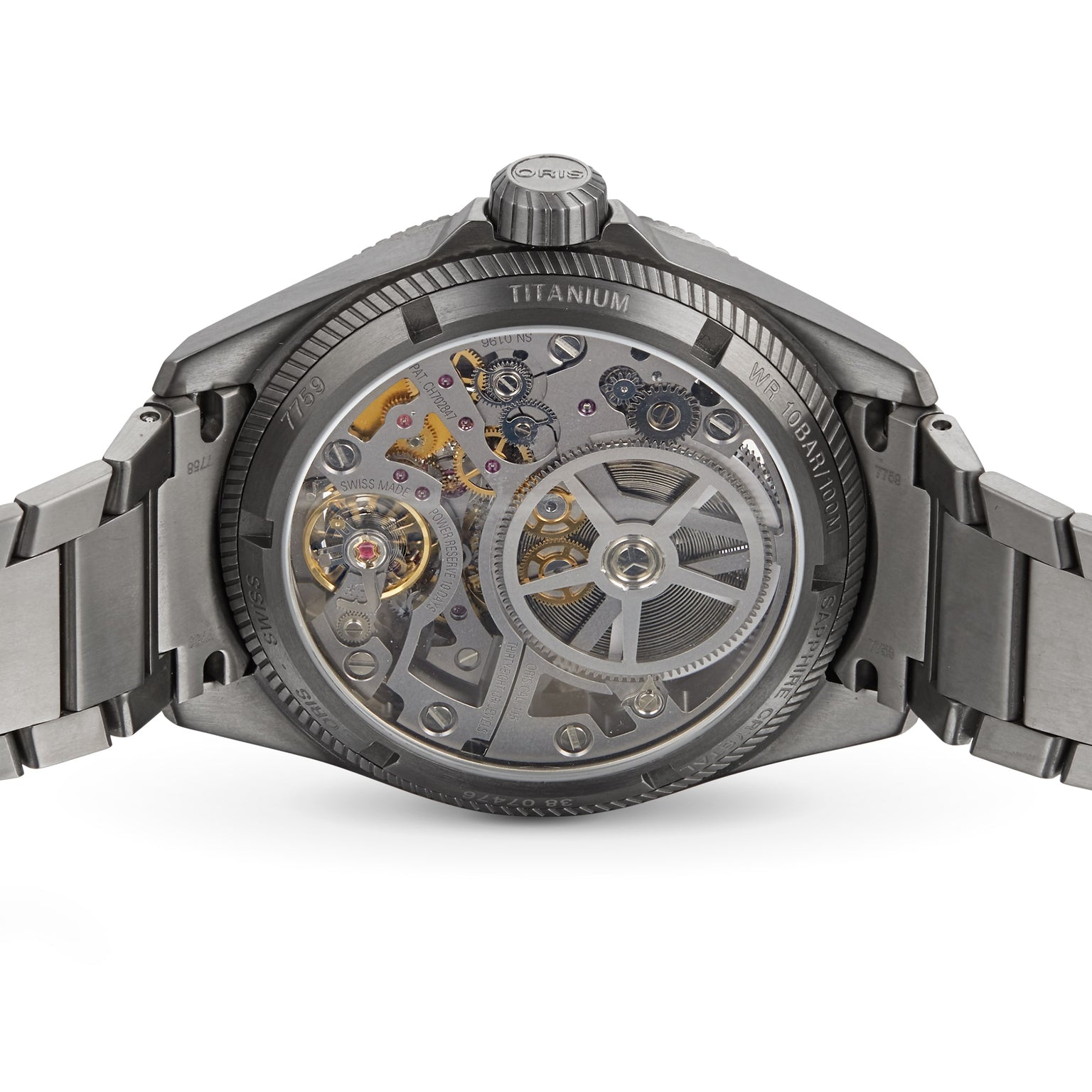 Close-up of the Oris ProPilot X Calibre 115’s titanium case back reveals its intricate mechanical movement.