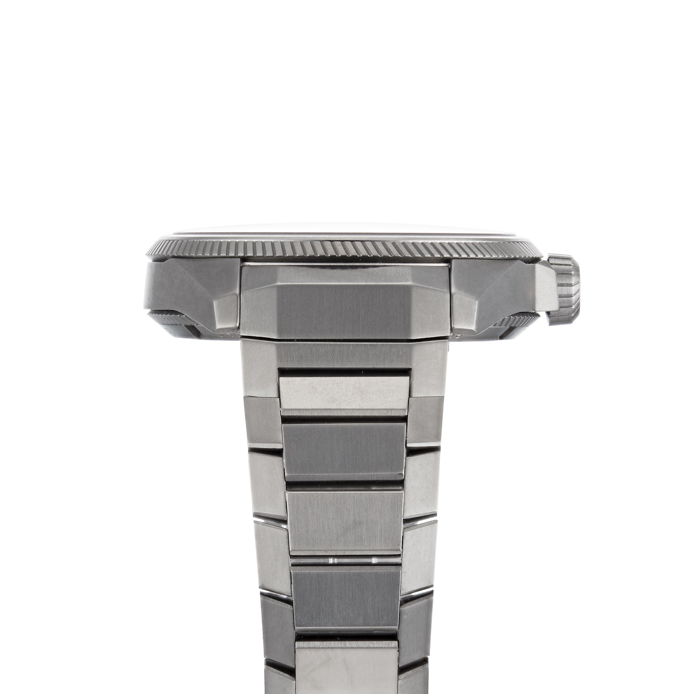 Side view of the Oris ProPilot X Calibre 115 Swiss Made mechanical watch, showcasing its stainless steel case, bezel, crown, and metal bracelet against a white background.