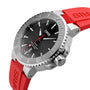 The Oris Aquis Date Relief is a stainless steel divers watch featuring a black dial, date display, rotating bezel, and a striking red rubber strap.