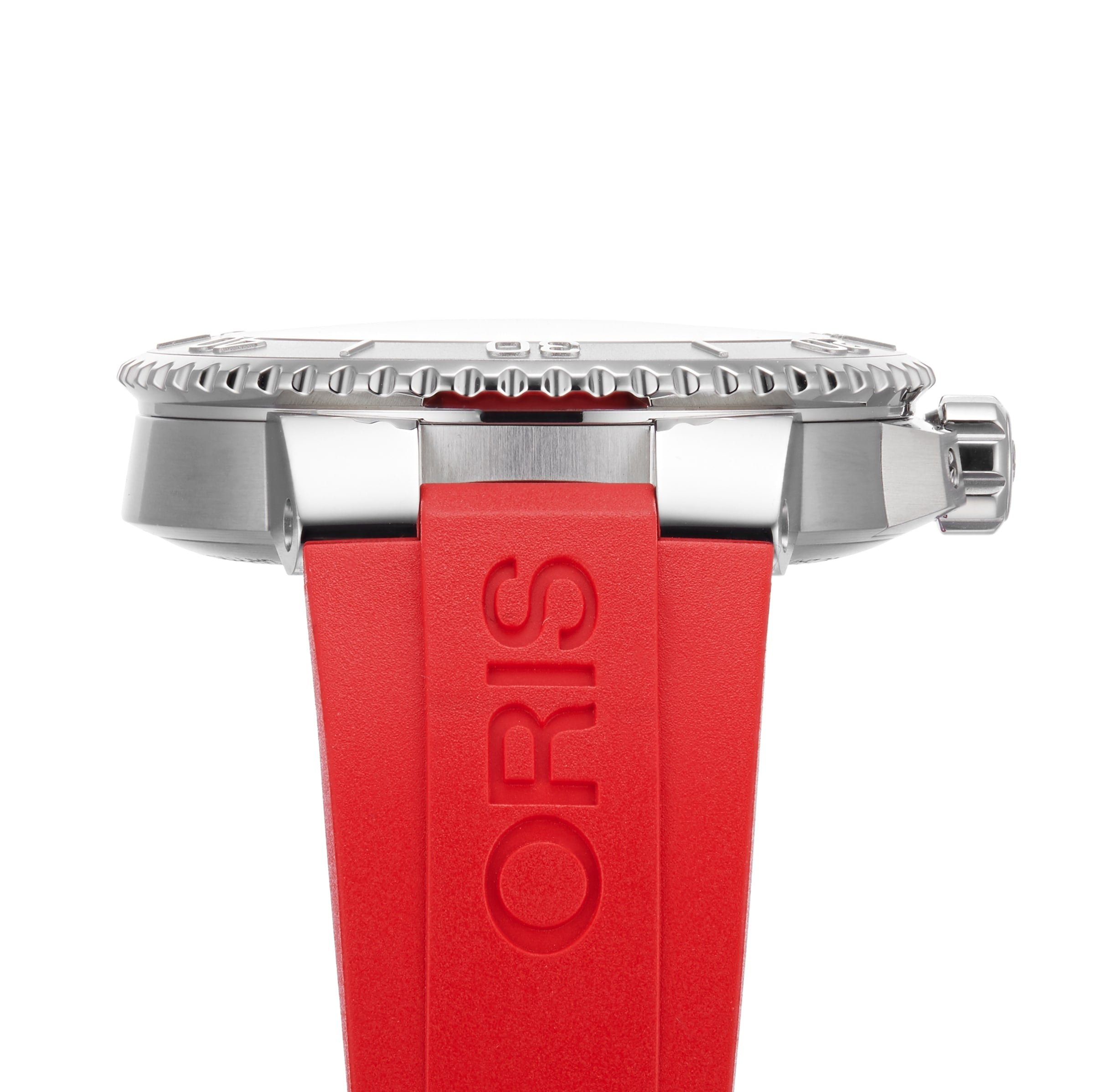 Side view of the Oris Aquis Date Relief watch, featuring a red rubber strap with Oris branding and a ridged bezel, displayed against a white background.