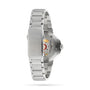 Back view of the Oris Aquis Date Relief stainless steel wristwatch, featuring the Oris logo on the clasp and showcasing its mechanical movement through the transparent case back.
