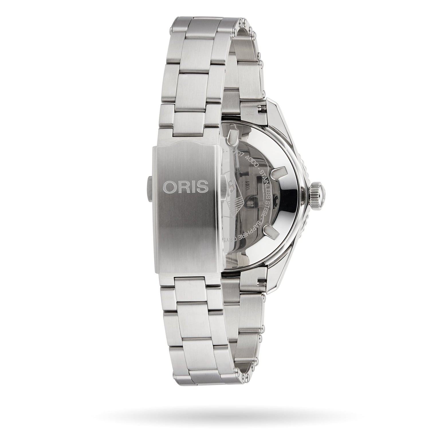 Back view of the Oris Divers Sixty‑Five, featuring a stainless steel case, visible automatic movement, and metal bracelet.