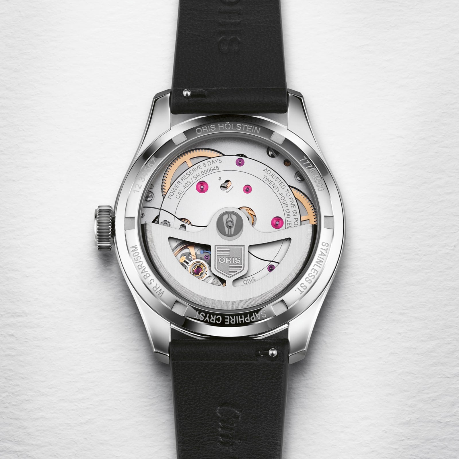 Back view of the Oris Big Crown Pointer Date Calibre 403, featuring a transparent sapphire crystal case back that reveals its mechanical movement with visible gears and engravings.
