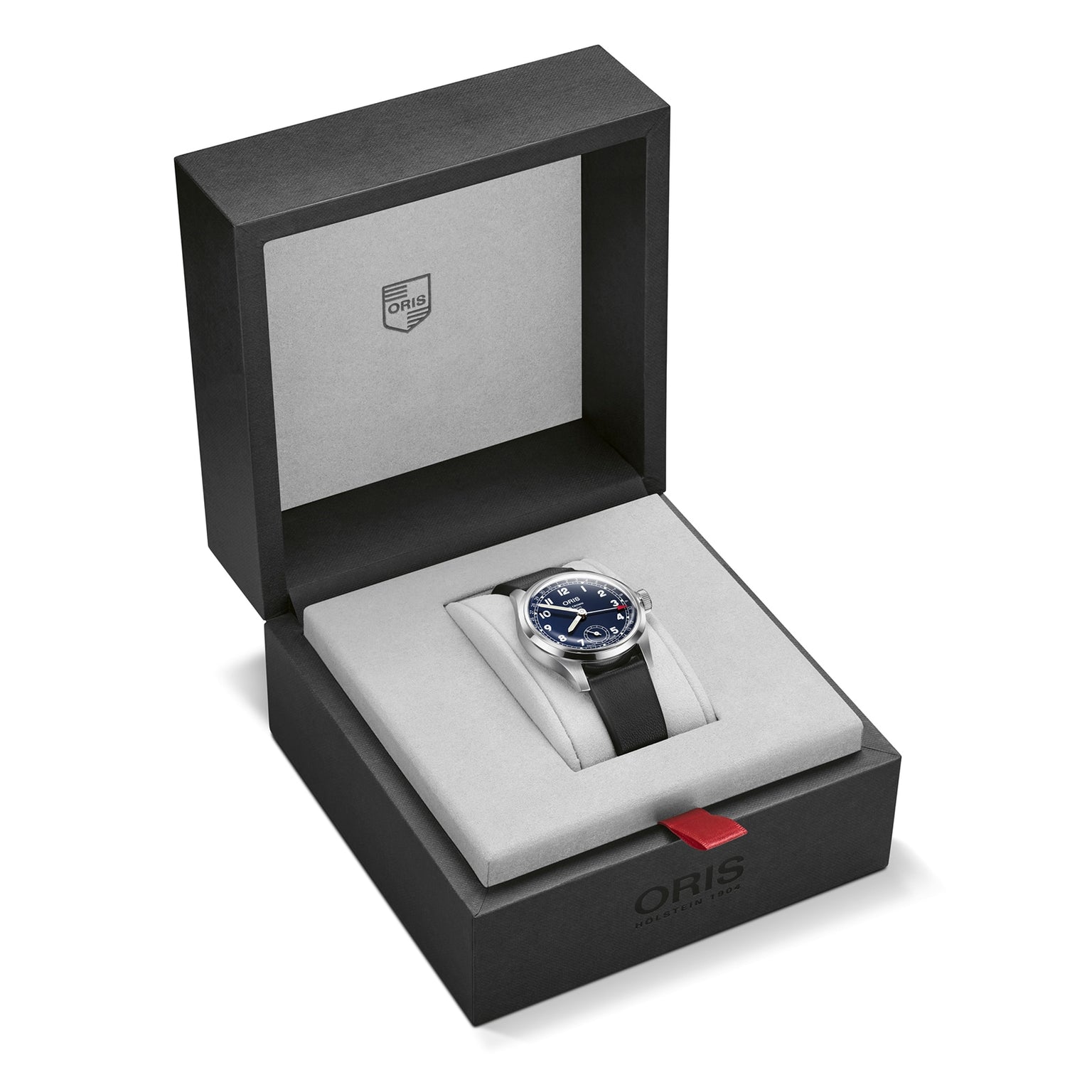 The Oris Big Crown Pointer Date Calibre 403 wristwatch, featuring a black strap and blue dial, is displayed in an open black and gray Oris-branded watch box.