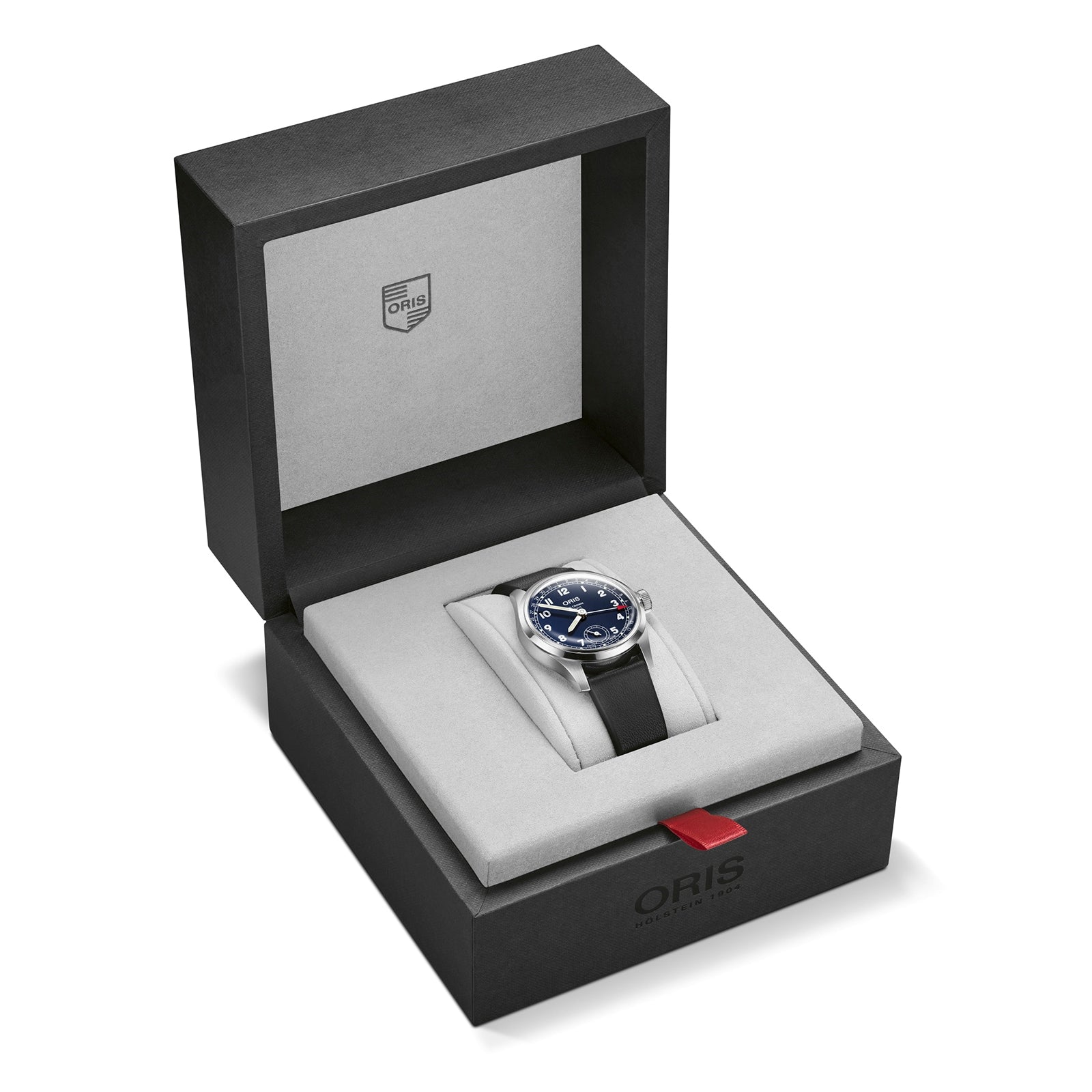 The Oris Big Crown Pointer Date Calibre 403 wristwatch, featuring a black strap and blue dial, is displayed in an open black and gray Oris-branded watch box.