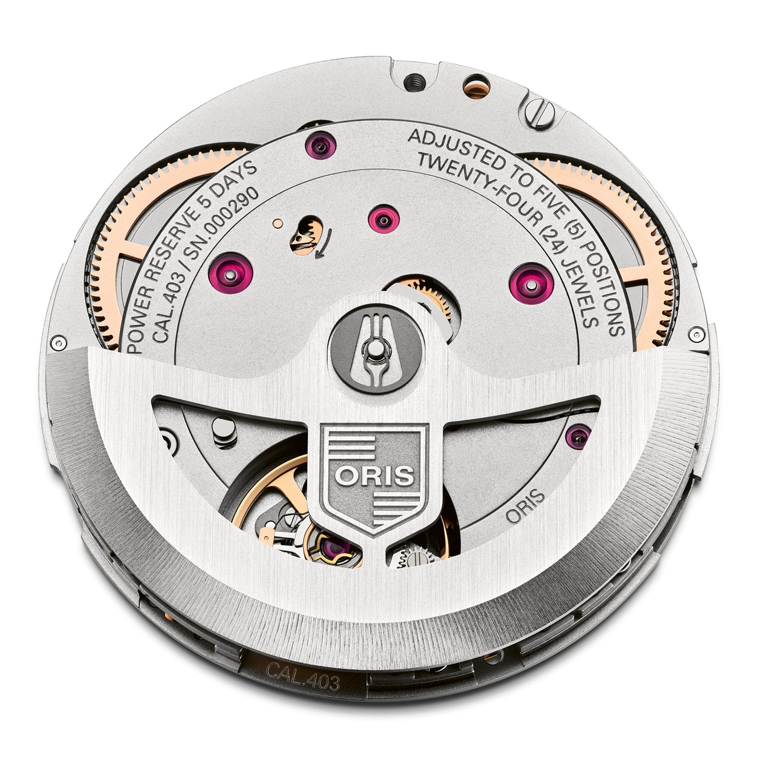 Close-up of the Oris Big Crown Pointer Date Calibre 403 movement, highlighting its gears, jewels, and precision-engraved technical details.