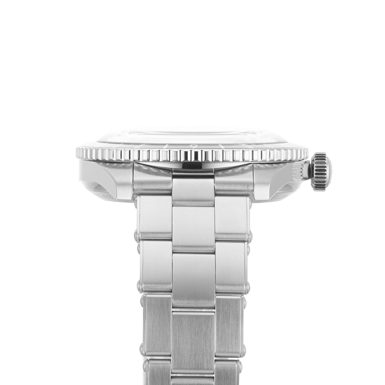 Side view of the Oris Divers Sixty‑Five 12H Calibre 400 wristwatch in silver, featuring a visible crown and stainless steel bracelet.
