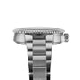 Side view of the Oris Aquis Oris X Bracenet watch featuring a stainless steel link band, textured bezel, right-side crown, and upcycled ghost fishing nets in its design.