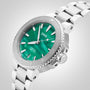 The Oris Aquis Oris X Bracenet wristwatch features a green mother-of-pearl dial, silver indices, and a metal link bracelet.