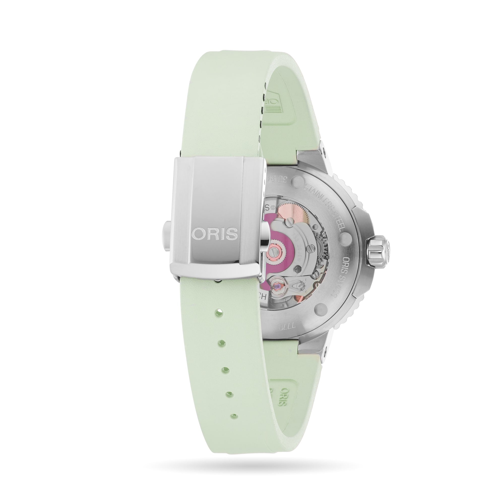 The Oris Aquis Date wristwatch features a blush pink strap, a transparent case back showing the mechanical movement, and ORIS engraved on its stainless steel clasp.