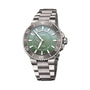 The Oris Dat Watt Limited Edition II is a stainless steel watch with a gradient green dial, silver hour markers, rotating bezel, and metal bracelet, inspired by the Wadden Sea and shown at an angle on a white background.