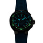 The Oris Aquis Pro 4000M wristwatch features a blue strap, Rotation Safety System, and luminous hour markers and hands for visibility in low light. The Oris brand appears on both the strap and dial.