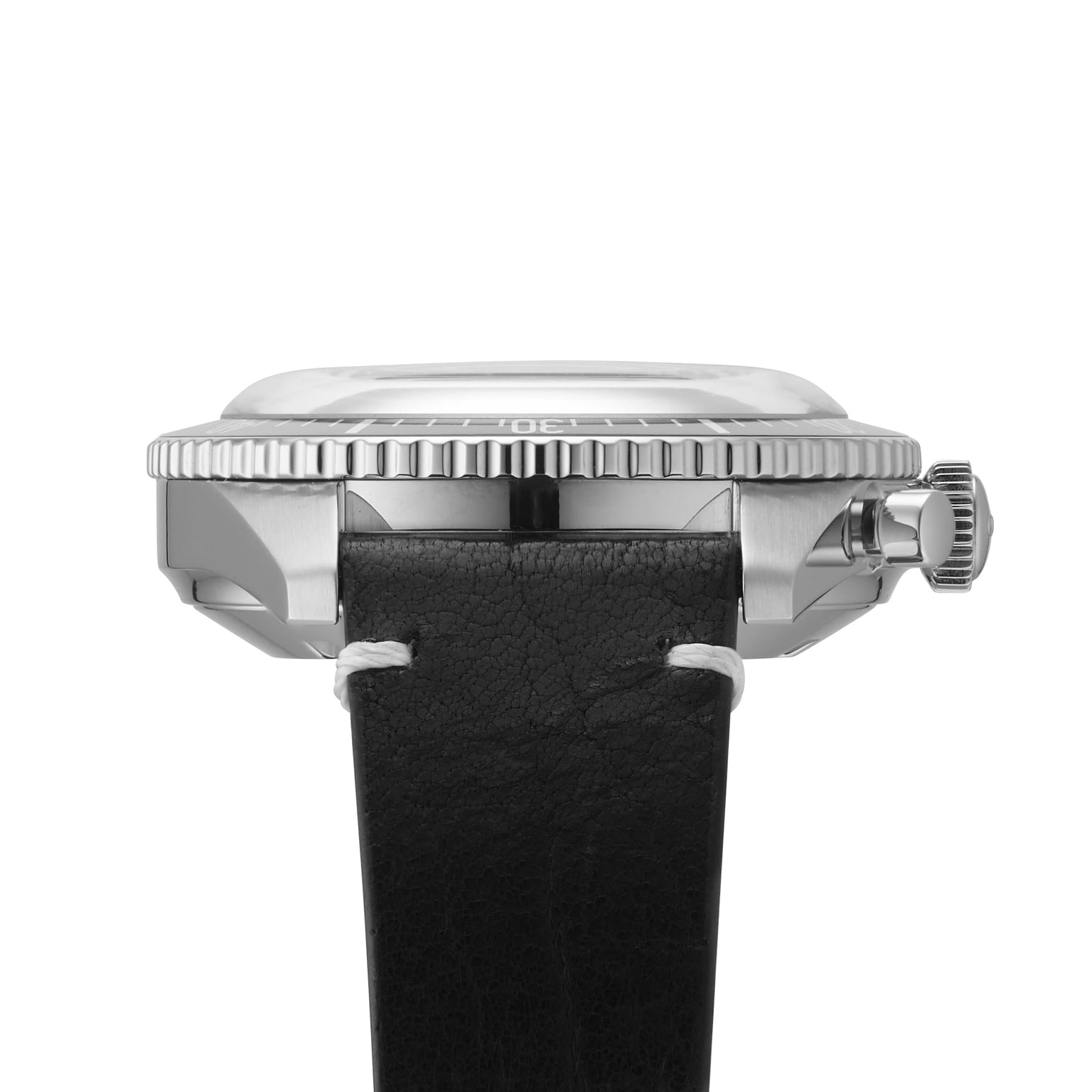 Side view of the Oris Divers Sixty‑Five Chronograph, featuring a silver case, black leather strap, and ridged bezel.