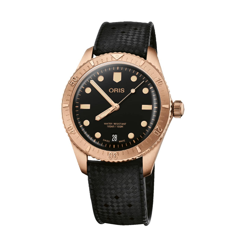 The Oris Divers Sixty‑Five Date is a gold wristwatch with a black dial and strap, bold markers, and a date display.