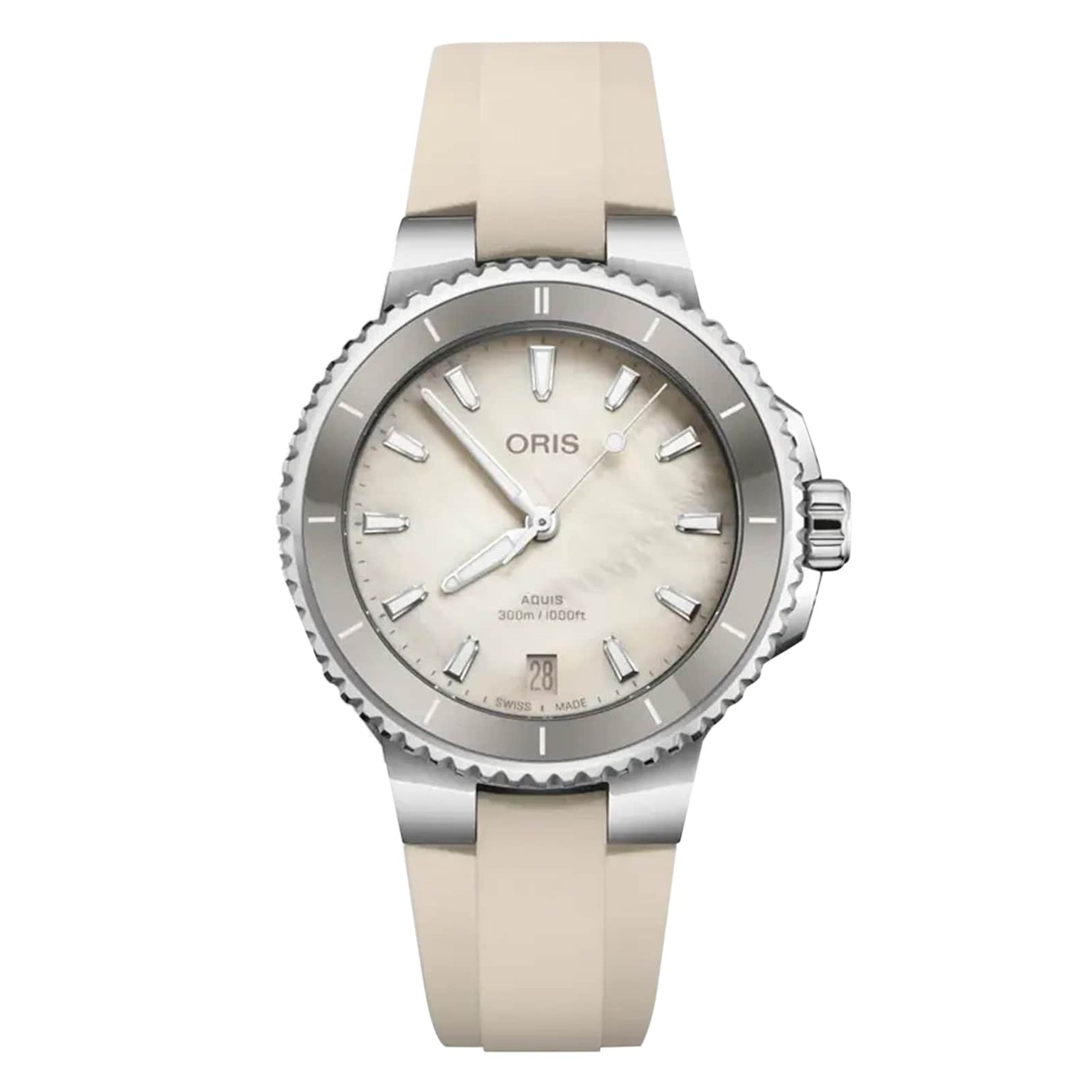 The Oris Aquis Date features a stainless steel case, beige rubber strap, beige dial, silver markers, and a date display at 6 o’clock—ideal for those seeking sustainable modern mechanical watches.