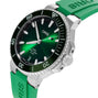 The Oris Aquis Date Calibre 400 is a green dive watch featuring a matching green rubber strap and a silver stainless steel case.