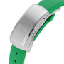 Close-up of a stainless steel Oris clasp on a bright green rubber strap, highlighting the robust design of the Oris Aquis Date Calibre 400—a standout mechanical diving watch.