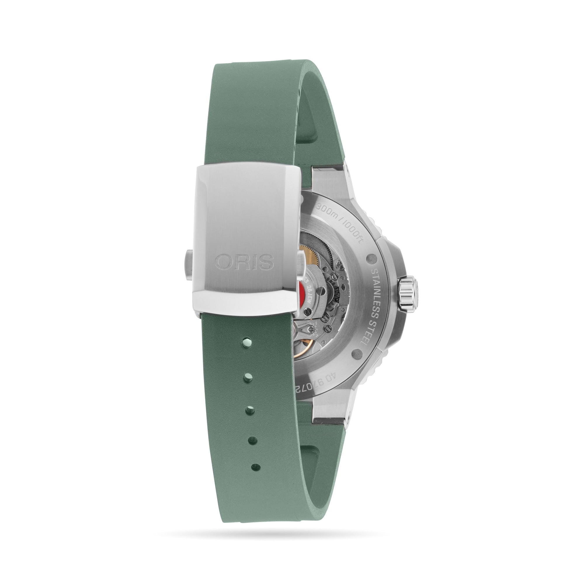Back view of the Oris Aquis Date Calibre 400 with a green strap, silver Oris-engraved clasp, and a transparent case back revealing the automatic movement—a showcase of Oris’s mechanical diving watch heritage.