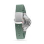 Back view of the Oris Aquis Date Calibre 400 with a green strap, silver Oris-engraved clasp, and a transparent case back revealing the automatic movement—a showcase of Oris’s mechanical diving watch heritage.