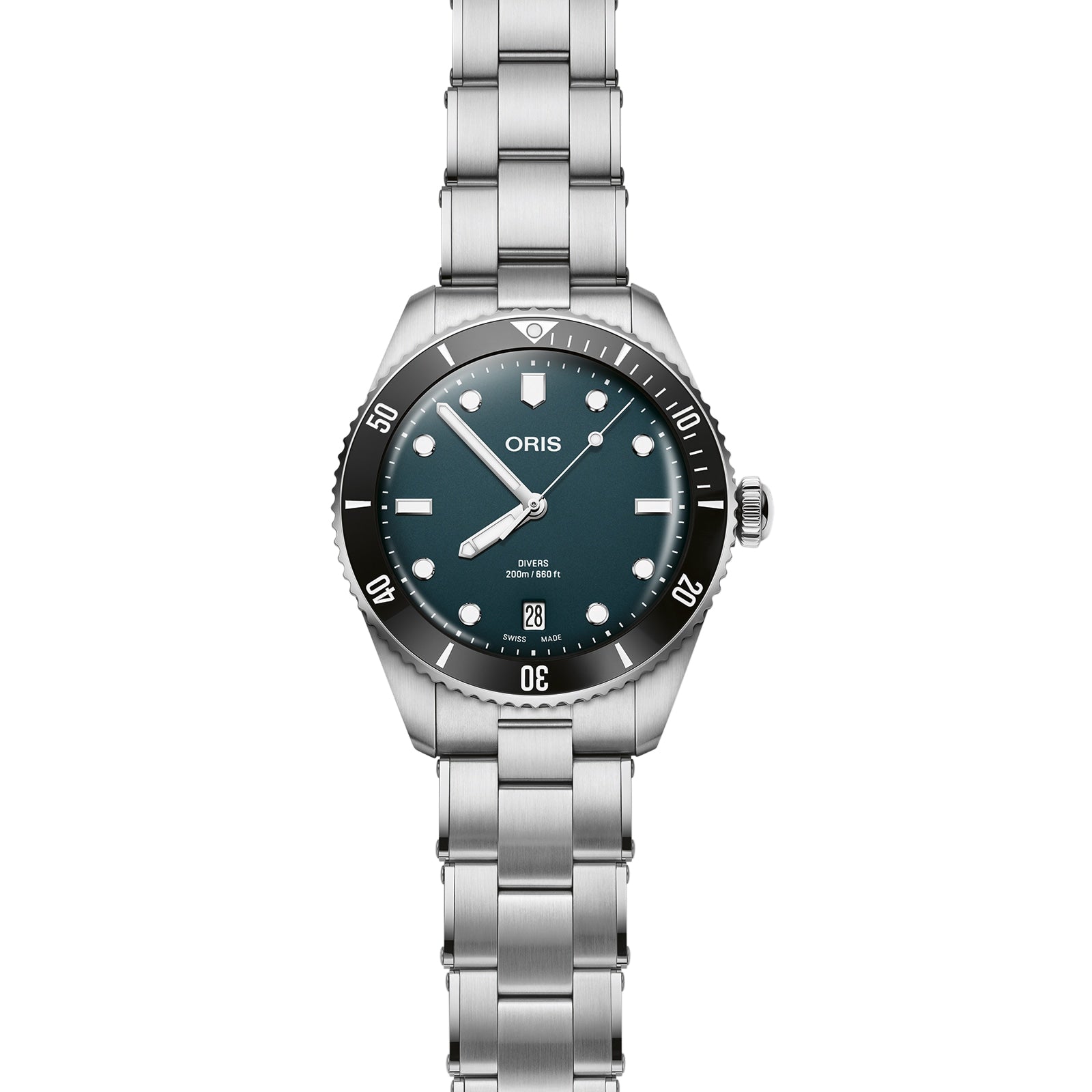 The Oris Divers Date is a stainless steel wristwatch featuring a teal dial, silver hour markers, automatic movement, a date display at 6 o’clock, and a black rotating bezel.