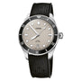 The Oris Divers Date wristwatch features a beige dial, black bezel, black textured strap, and date display at 6 o’clock. It has automatic movement and is water-resistant to 200 meters (660 feet).