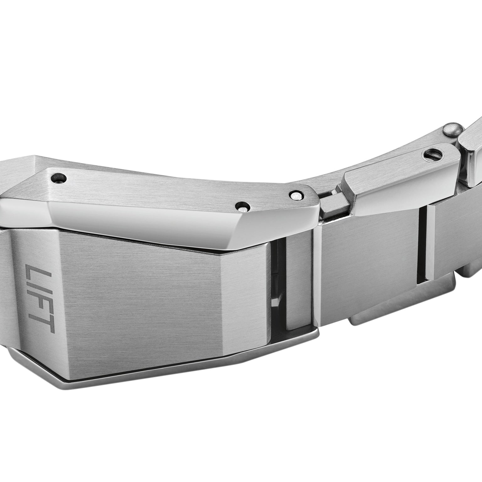 Close-up of the stainless steel clasp on the Oris ProPilot X Miss Piggy Edition, featuring LIFT engraved to show where to open it.