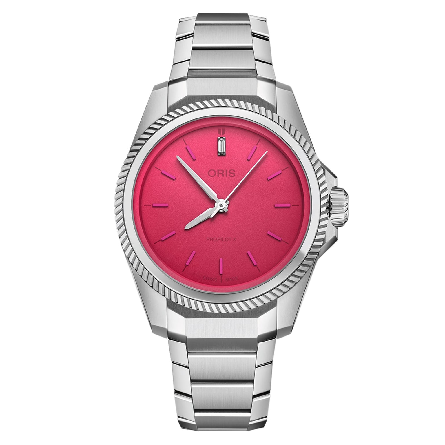 The Oris ProPilot X Miss Piggy Edition is a stainless steel wristwatch with a metallic bracelet and hot pink dial, simple hour markers, and the Oris brand name on the face.