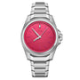 The Oris ProPilot X Miss Piggy Edition is a stainless steel wristwatch with a metallic bracelet and hot pink dial, simple hour markers, and the Oris brand name on the face.
