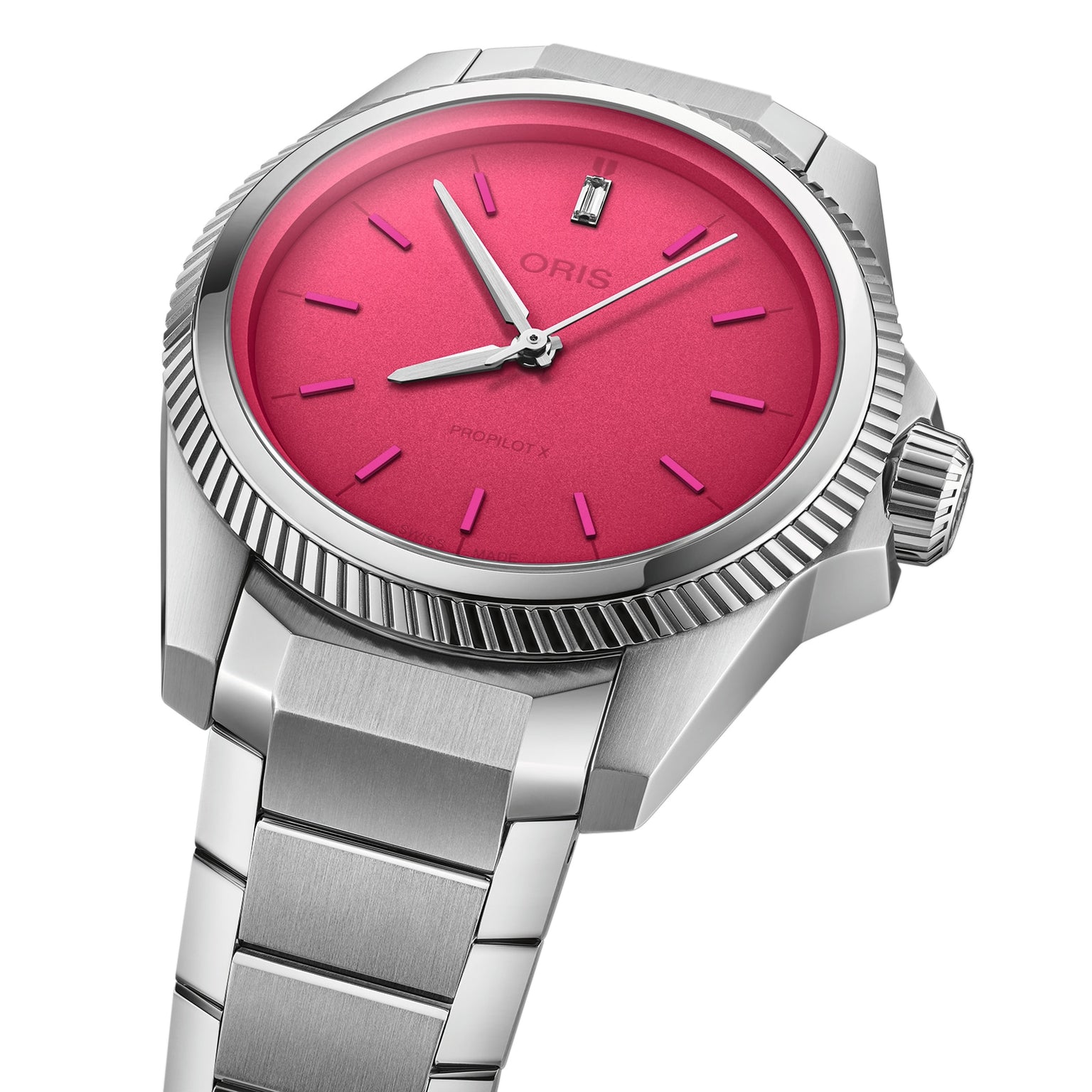 The Oris ProPilot X Miss Piggy Edition features a silver case and bracelet, hot pink dial, silver hour markers and hands, plus a date window at 6 o’clock—a bold statement wristwatch from Oris.