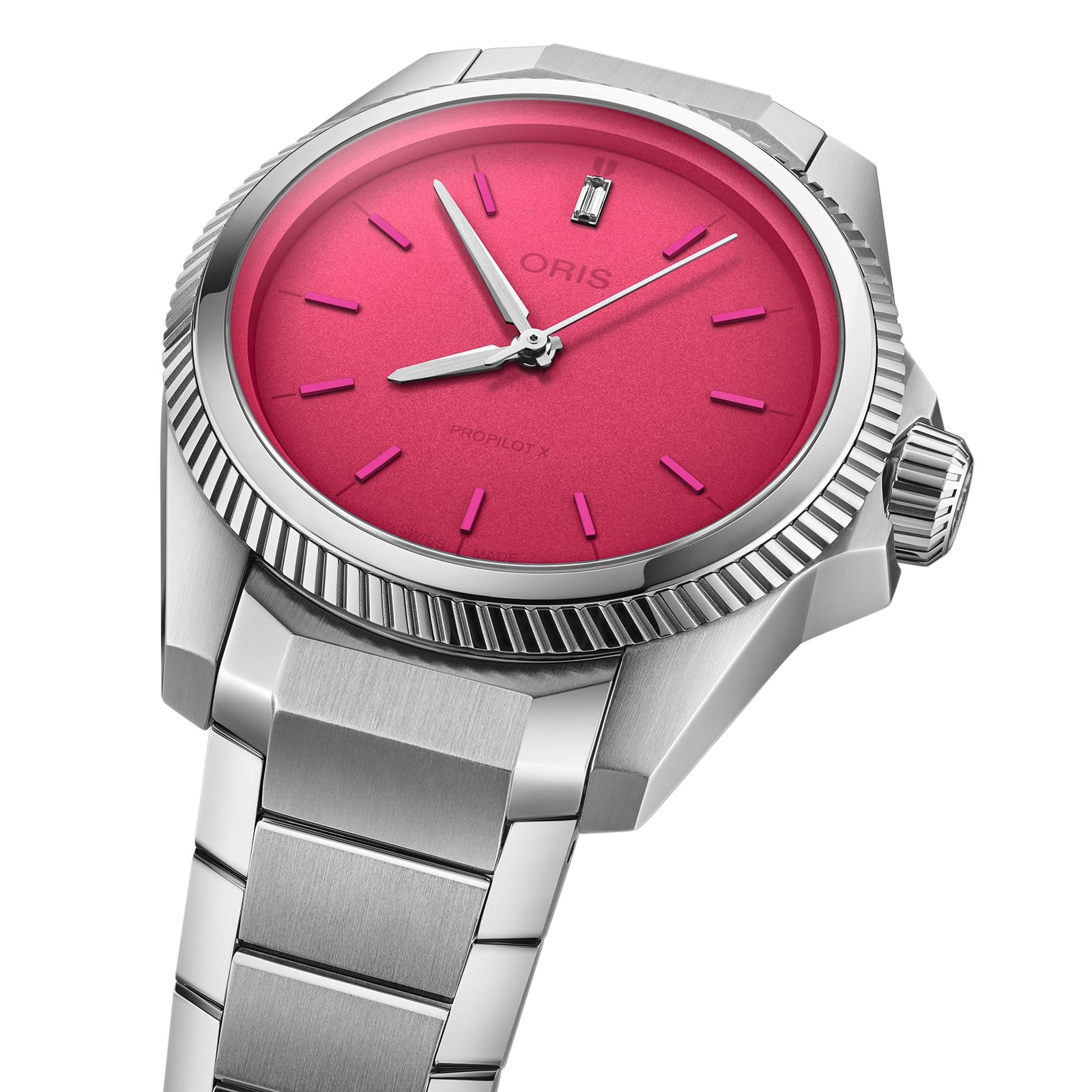 The Oris ProPilot X Miss Piggy Edition features a silver case and bracelet, hot pink dial, silver hour markers and hands, plus a date window at 6 o’clock—a bold statement wristwatch from Oris.