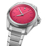 The Oris ProPilot X Miss Piggy Edition features a silver case and bracelet, hot pink dial, silver hour markers and hands, plus a date window at 6 o’clock—a bold statement wristwatch from Oris.
