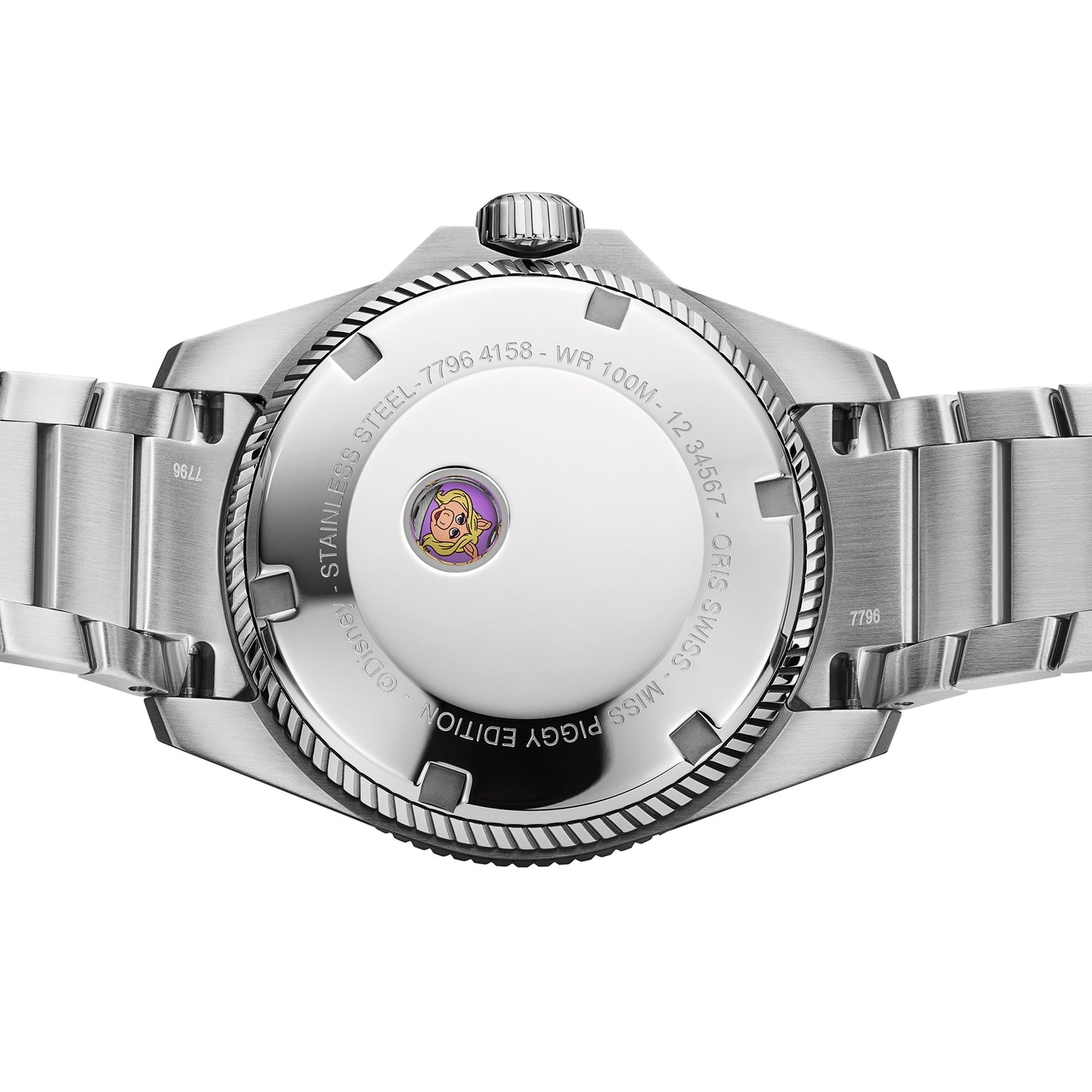 Back view of the Oris ProPilot X Miss Piggy Edition, displaying engraved text around the case and a small cartoon figure at the center of its case back.